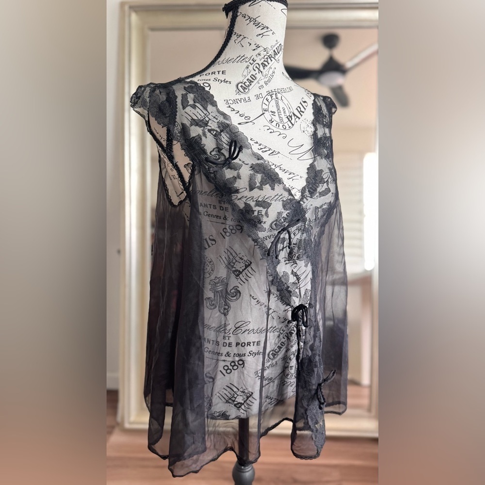 vtg 70s reasure from california by faris black sheer lace baby doll nightgown
